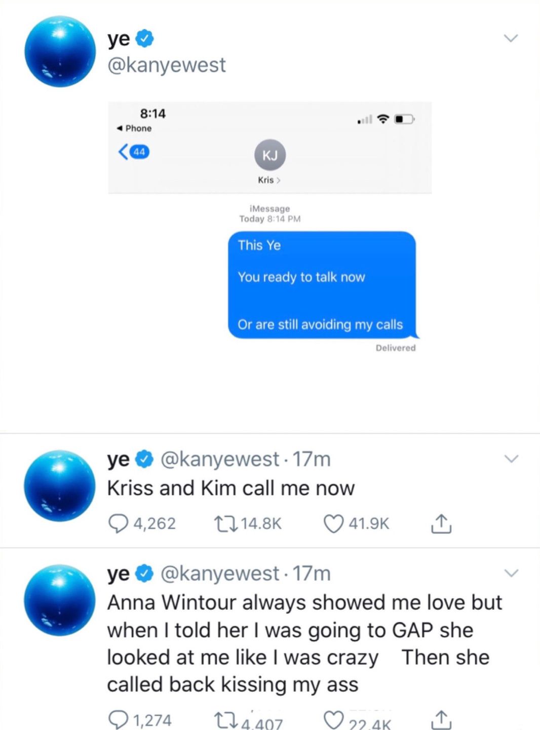 Wiadomości opublikowane przez Kanye na Twitterze