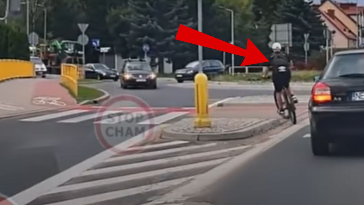 Skandaliczne zachowanie rowerzysty.