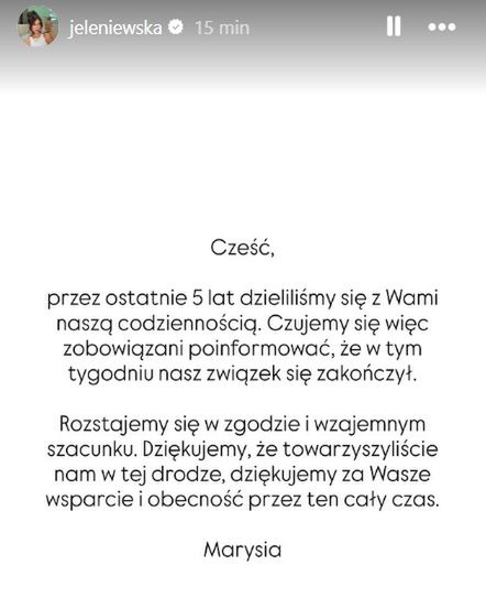 Oświadczenie Marii Jeleniewskiej na Instagramie