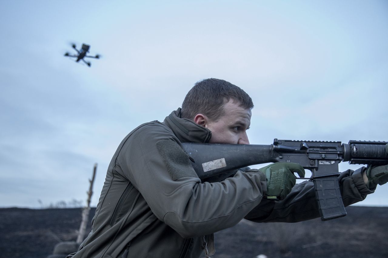 AVDIIVKA, DONETSK OBLAST, UKRAINE - MARCH 01:A member to a medical evacuation unit trains at a shooting range in the direction of Avdiivka in the eastern of Donetsk region as the Russia-Ukraine war continues after the 2nd year anniversary in Donbas, Ukraine on March 01, 2024. (Photo by Narciso Contreras/Anadolu via Getty Images)