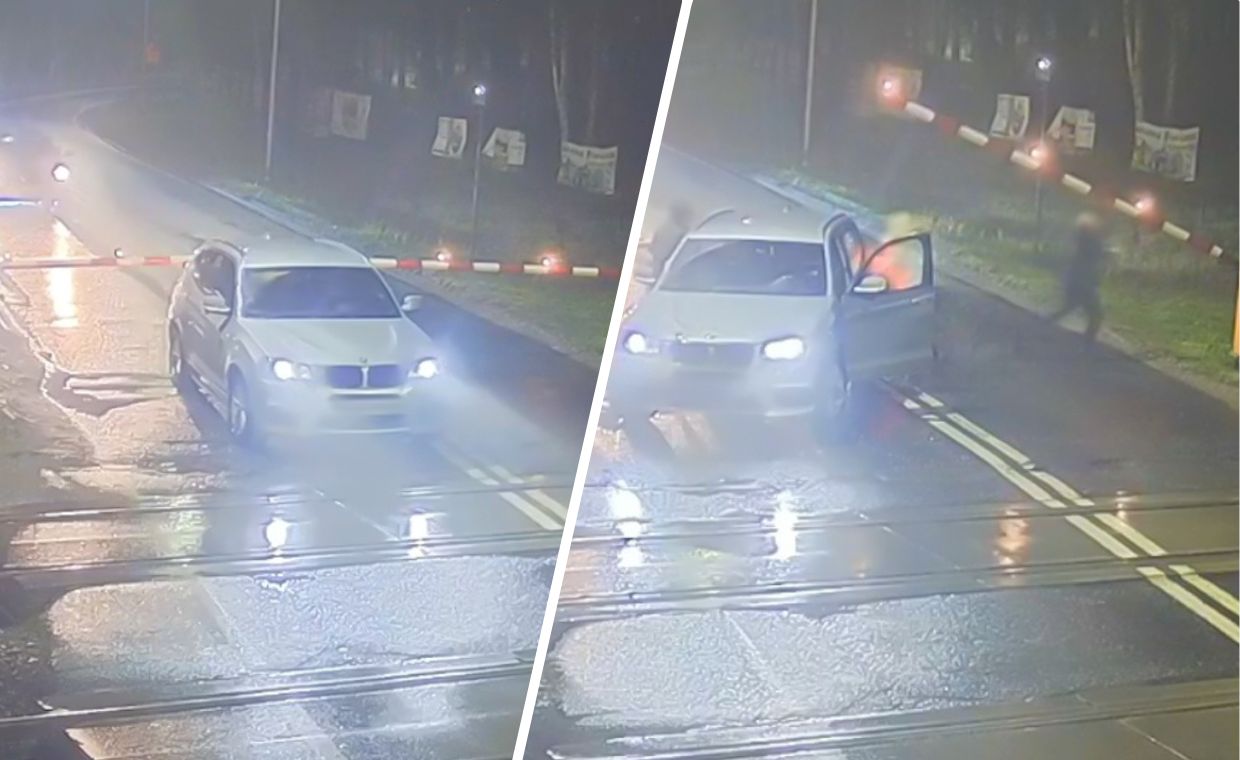 W ostatniej chwili z auta wybiegły pasażerki. BMW na środku przejazdu