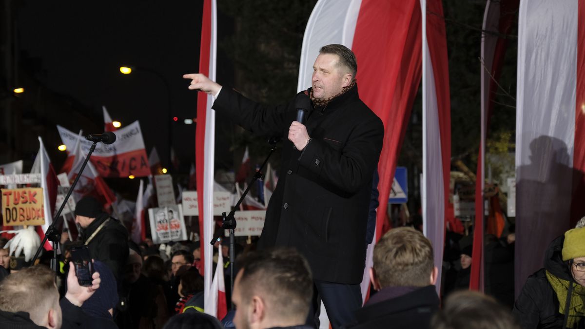 Przemyslaw Czarnek, Poland's former education minister, speaks during a march called by the Law & Justice (PiS) party in support of democracy, free media and the freedom of speech in Warsaw, Poland, on Thursday, Jan. 11, 2024. Polish President Andrzej Duda condemned the late-night arrest of two former ruling party lawmakers at the presidential palace, a dramatic escalation of the power struggle with the new pro-European government under Prime Minister Donald Tusk. Photographer: Damian Lemaski/Bloomberg via Getty Images