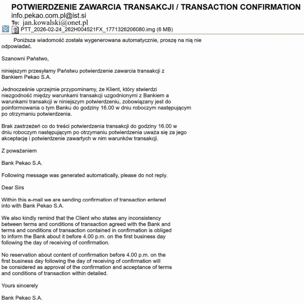 Przykładowa fałszywa wiadomość