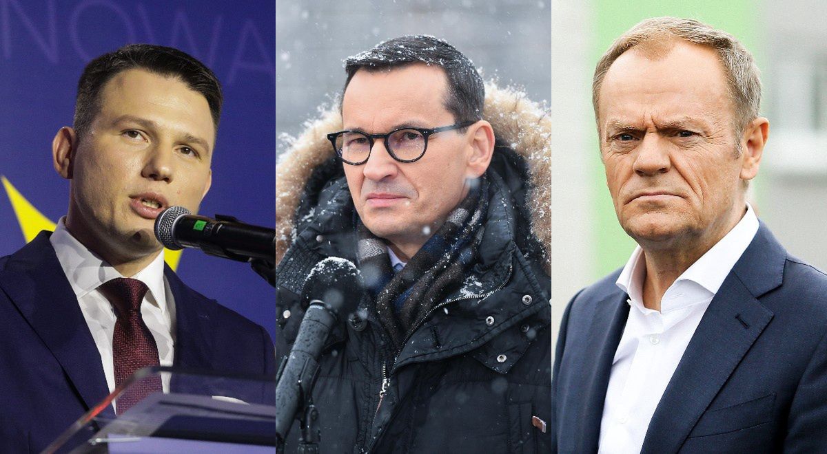 Od lewej Sławomir Mentzen, Mateusz Morawiecki i Donald Tusk