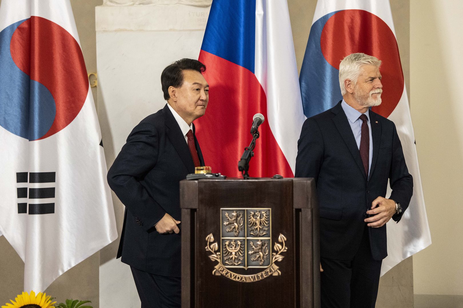 Yoon Suk Yeol, South Korea's president, left, and Petr Pavel, Czech Republic's president, at a news conference in Prague, Czech Republic, on Thursday, Sept. 19, 2024. Yoon said his country will closely work with the Czech Republic if a deal is finalized to build two nuclear reactors at the Dukovany power plant with the state-owned Korea Hydro & Nuclear Power Co. Photographer: Milan Jaros/Bloomberg via Getty Images