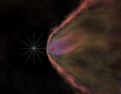 Pulsar B1957+20 (z lewej) rozdmuchujący towarzyszącą mu gwiazdę (wizja artystyczna).