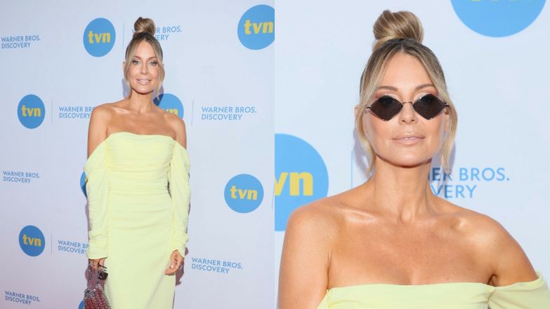 Małgorzata Rozenek w ekstrawaganckich okularach KUSI ODSŁONIĘTYMI ramionami na prezentacji ramówki TVN 