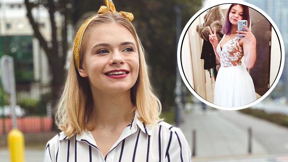 Julia Wróblewska pozuje w sukni ślubnej.