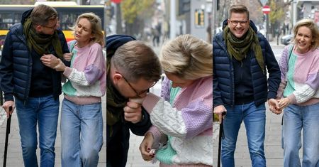 Kontuzjowany Filip Chajzer w towarzystwie laski opuszcza studio "DDTVN", całując rączki Małgorzaty Ohme. Szarmancki? (ZDJĘCIA)