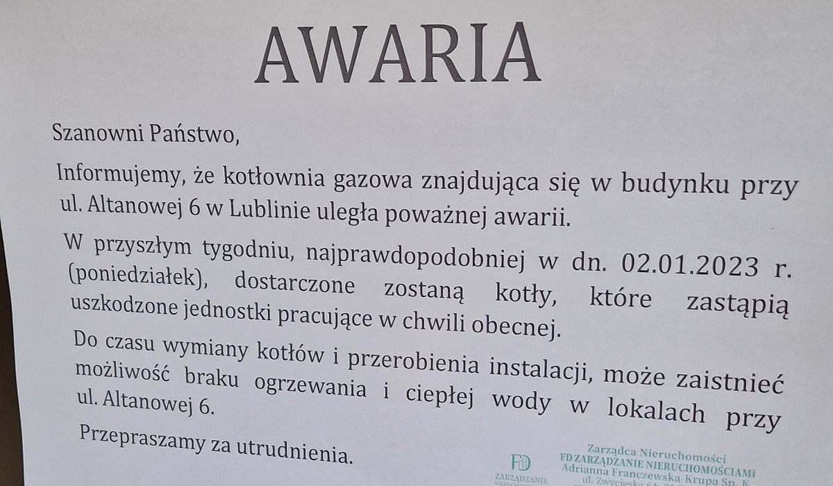 Informacja o awarii kotłowni gazowej w bloku przy ul. Altanowej