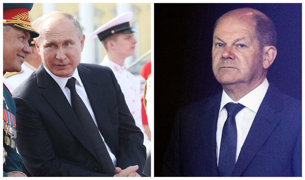 Na zdjęciu po lewej Putin i minister obrony Rosji Szojgu, po prawej kanclerz Niemiec Scholz
