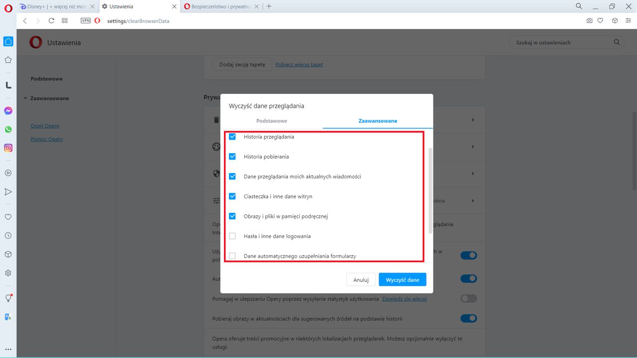 Opera: zakładka Zaawansowane i możemy usunąć historię pobierania