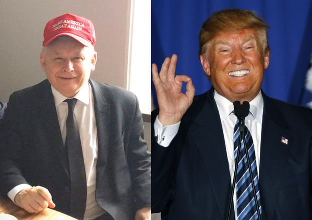 Uradowany Kaczyński w czapeczce Donalda Trumpa (FOTO)