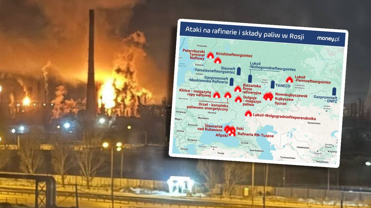Na zdjęciu w tle: płomienie po ataku dronem na rafinerię w Sławiańsku nad Kubaniem