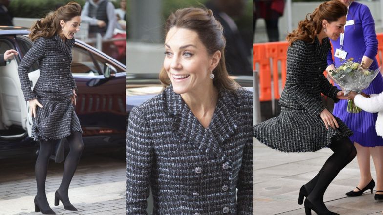 Zakręcona Kate Middleton zmaga się z psotnymi podmuchami wiatru w trakcie wizyty w dziecięcym szpitalu (FOTO)