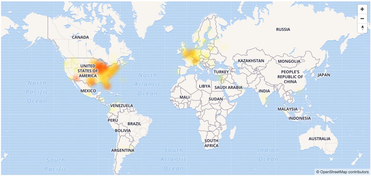 Zasięg awarii według DownDetector.com, stan na 18.02.2019 16:20