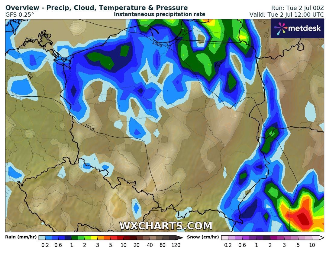 Opady deszczu w Polsce we wtorek o godz. 12