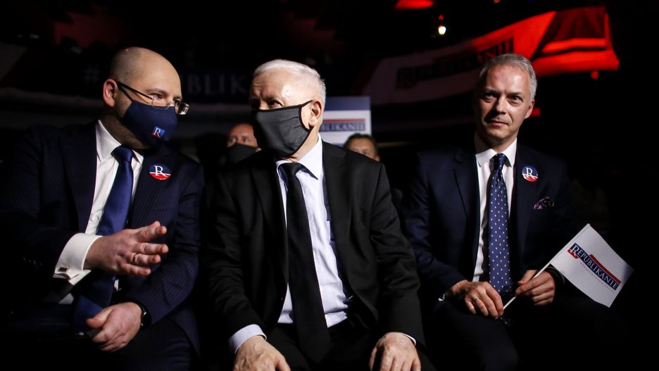 Zjazd Partii Republikańskiej w Warszawie. Na zdjęciu od lewej: Adam Bielan, Jarosław Kaczyński i Jacek Żalek