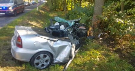 Po uderzeniu w drzewo opel rozpadł się na pół. Kierowca miał prawie 3 promile