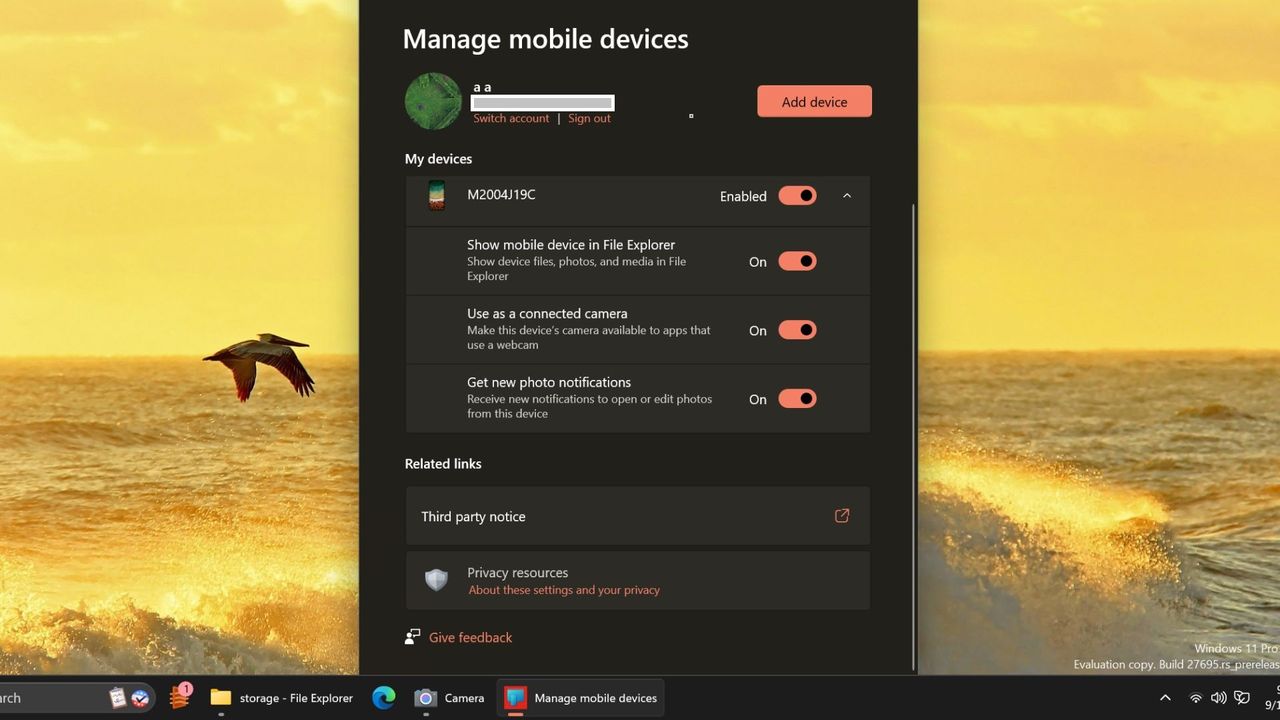 Settings for the linked phone with Windows