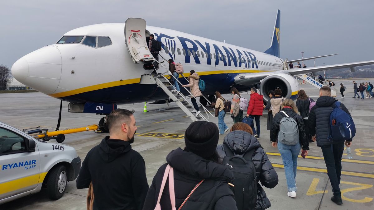 Passengers are boarding Ryanair airplane at Krakow Airport in Balice near Krakow, Poland on March 11, 2025. (Photo by Beata Zawrzel/NurPhoto via Getty Images)
