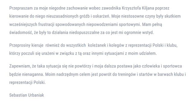 Oświadczenie takiej treści pojawiło się na stronie PZLA 16 czerwca. To był warunek dopuszczenia zawodnika do startu w mistrzostwach Polski w Gorzowie Wlkp.