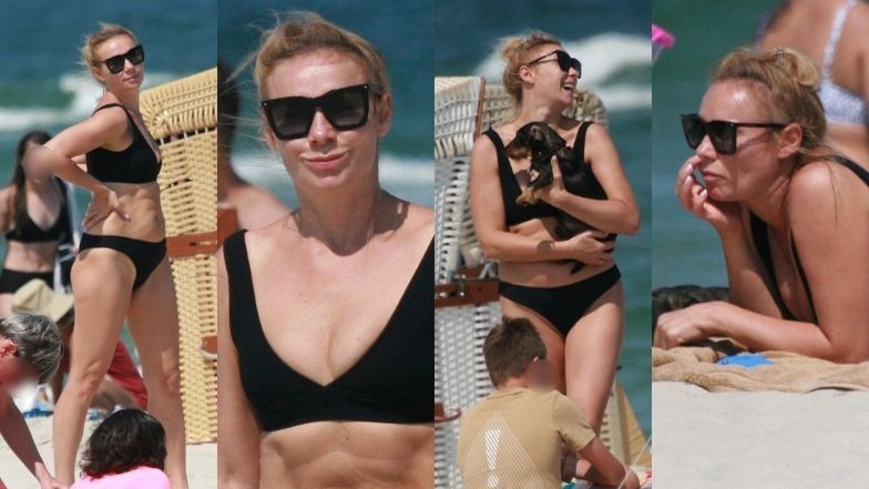 Sonia Bohosiewicz z dziećmi i pieskiem smaży się na plaży w Juracie
