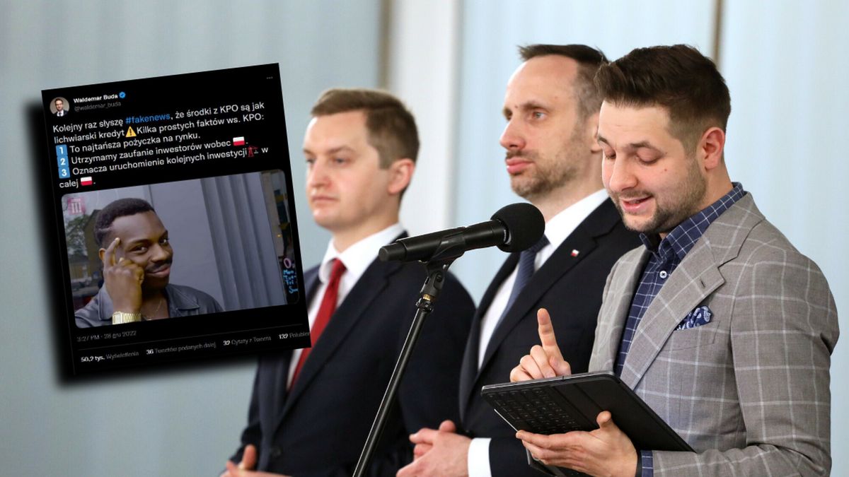 Na zdjęciu Sebastian Kaleta, Janusz Kowalski i Patryk Jaki. Obok nich tweet Waldemara Budy