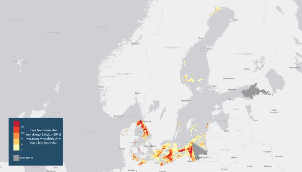 Mapa pokazująca obszar dna morskiego Morza Bałtyckiego objętego trałowaniem dennym oraz czas trałowania w ciągu roku. Dane za 2016 r.