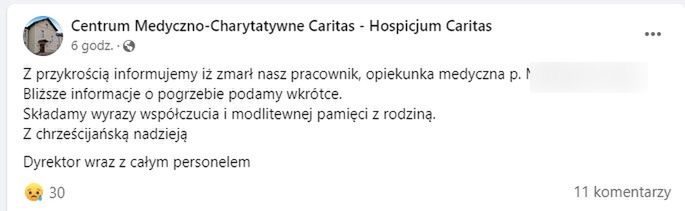 Przedstawiciele hospicjum złożyli kondolencje na Facebooku 