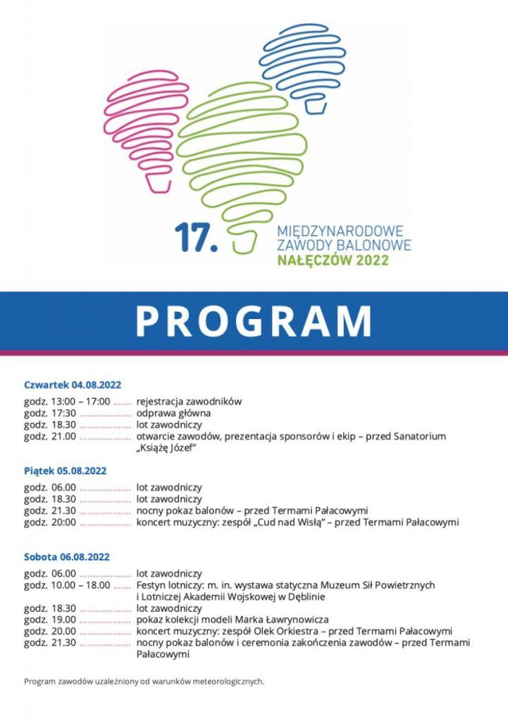 17. Międzynarodowe Zawody Balonowe Nałęczów 2022 - PROGRAM