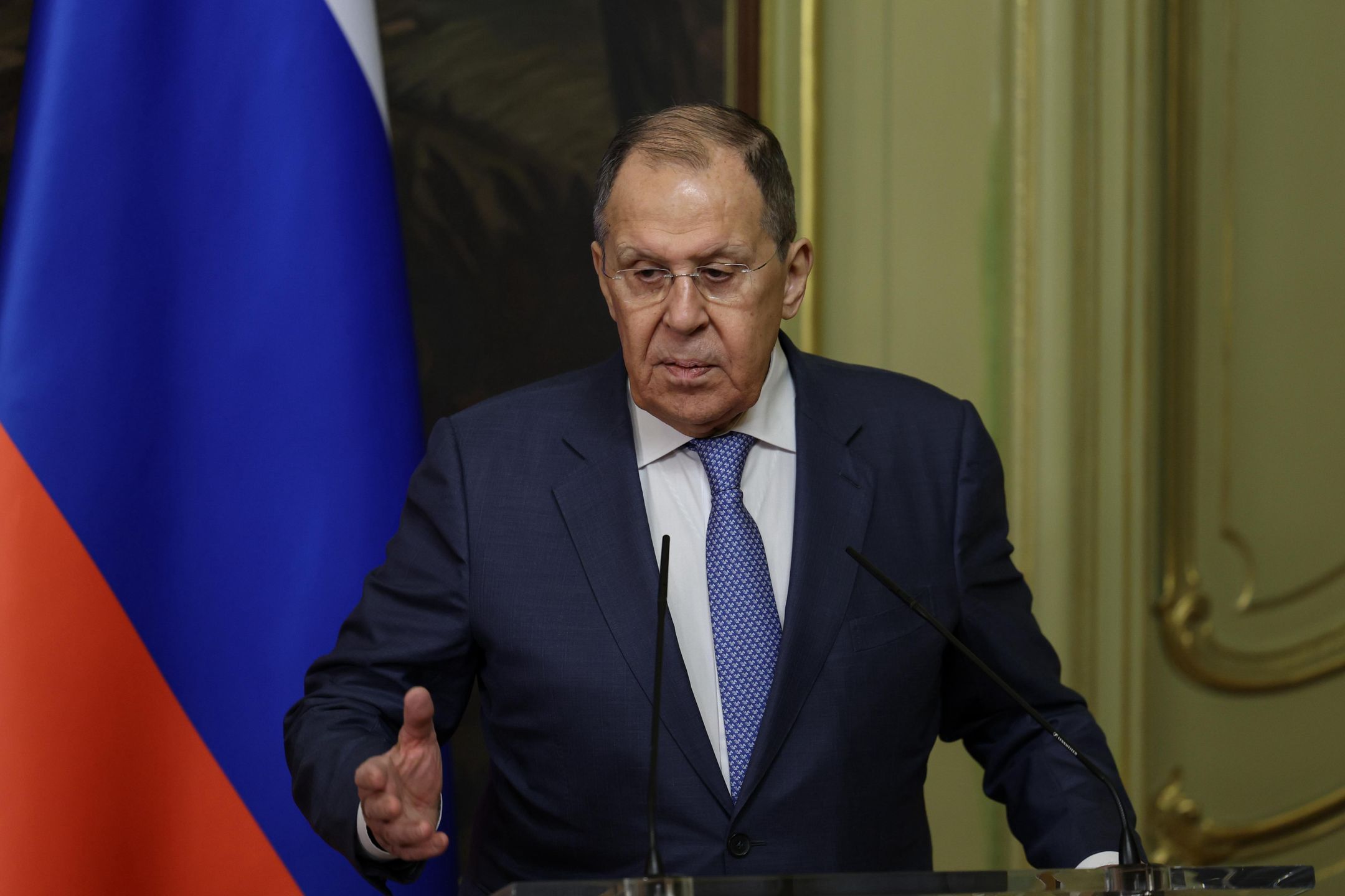 MOSCOW, RUSSIA - MAY 27: Russian Foreign Minister Sergey Lavrov and Turkish Foreign Minister Hakan Fidan (not seen) attend joint press conference in Moscow, Russia on May 27, 2025. (Photo by Arda Kucukkaya/Anadolu via Getty Images)