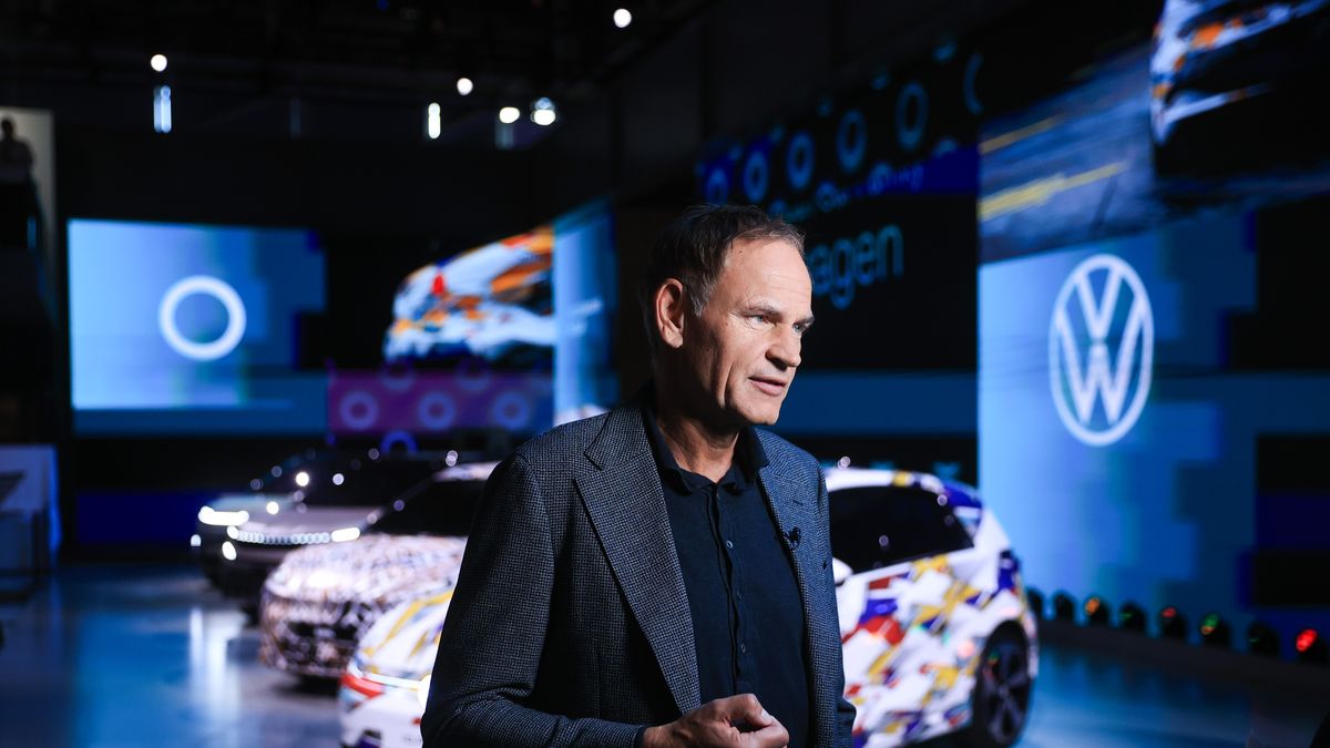 Oliver Blume, chief executive officer of Volkswagen AG, during a Bloomberg Television interview at the IAA Mobility 2025 expo in Munich, Germany, on Monday, Sept. 8, 2025. The Munich car show is taking place as trade tensions linger with Beijing following the European Union's decision last year to impose tariffs on EVs imported from China. Photographer: Krisztian Bocsi/Bloomberg via Getty Images