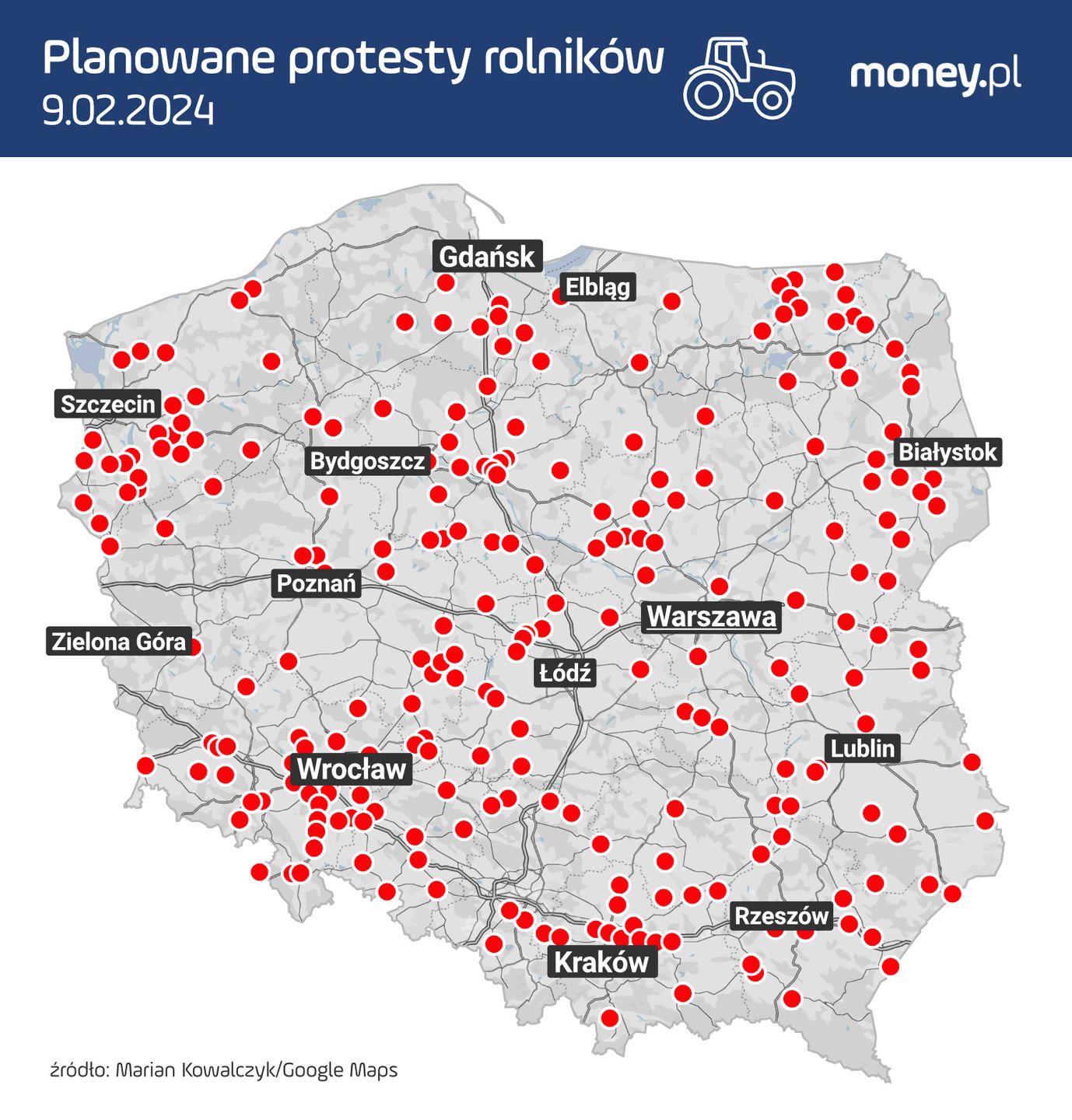 Mapa protestów rolników planowanych na 9 lutego
