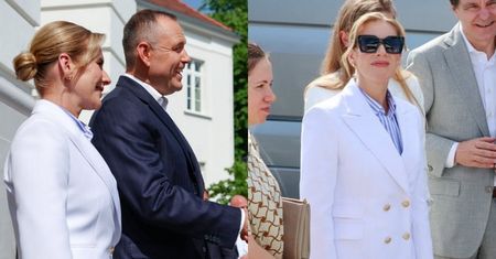 Marta Nawrocka w eleganckiej marynarce ze złotymi guzikami towarzyszyła mężowi w Juracie. Zadała szyku? (ZDJĘCIA)