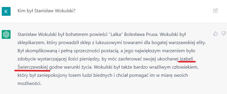 ChatGPT pomylił nazwisko ukochanej Wokulskiego.