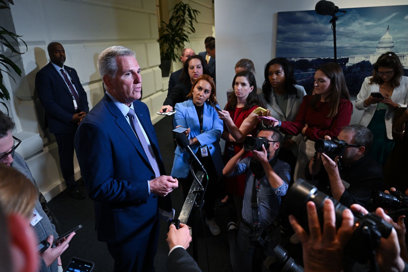 WASHINGTON, DC - SEPTEMBER 19: Speaker of the House Kevin McCarthy (R-CA) speaks to the media following a House Republican caucus meeting at the United States Capitol on Tuesday September 19, 2023 in Washington, DC. (Photo by Matt McClain/The Washington Post via Getty Images)