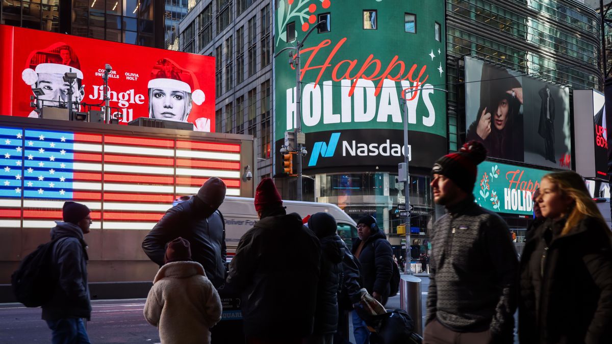 The Nasdaq MarketSite in New York, US, on Wednesday, Dec. 24, 2025. A relatively quiet session on Wall Street before Christmas saw stocks hitting all-time highs, with more signs the jobs market is not quickly deteriorating supporting bets on a soft economic landing. Photographer: Michael Nagle/Bloomberg via Getty Images