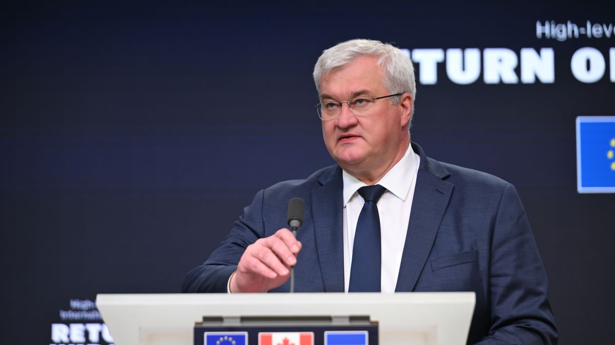 BRUSSELS, BELGIUM - MAY 11: Ukrainian Foreign Minister Andrii Sybiha speaks during a press conference ahead of the high-level meeting of the International Coalition for the Return of Ukrainian Children, co-hosted by the European Union and Canada, in Brussels, Belgium, on May 11, 2026. (Photo by Dursun Aydemir/Anadolu via Getty Images)