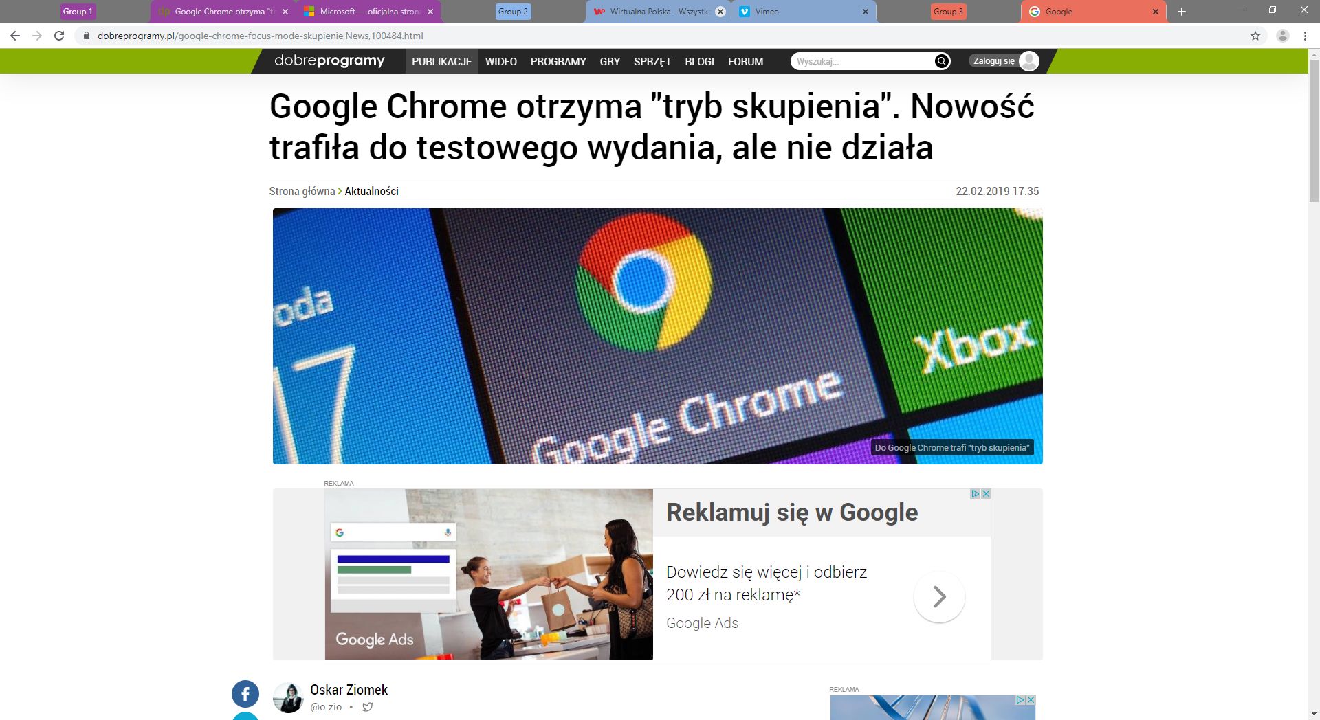 Google Chrome Canary i pogrupowane karty na górnym pasku.