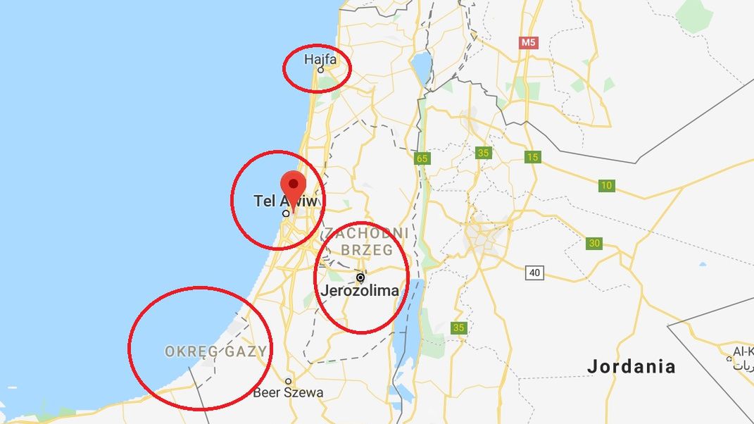 Zdjęcie okładkowe artykułu: WP SportoweFakty / Google Maps / Na zdjęciu: Z Tel Awiwu do Jerozolimy jest 70 km. W obu tych miastach jeszcze we wtorek ogłaszano alarmy przeciwrakietowe. 