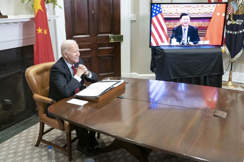 U.S. President Joe Biden reacts while meeting virtually with Xi Jinping, China's president, in the Roosevelt Room of the White House in Washington, D.C., U.S., on Monday, Nov. 15, 2021. With trade, Taiwan and China's economic practices on the agenda, the U.S. is hoping to put "guardrails" on the relationship so things don't worsen. Photographer: Sarah Silbiger/UPI/Bloomberg via Getty Images
