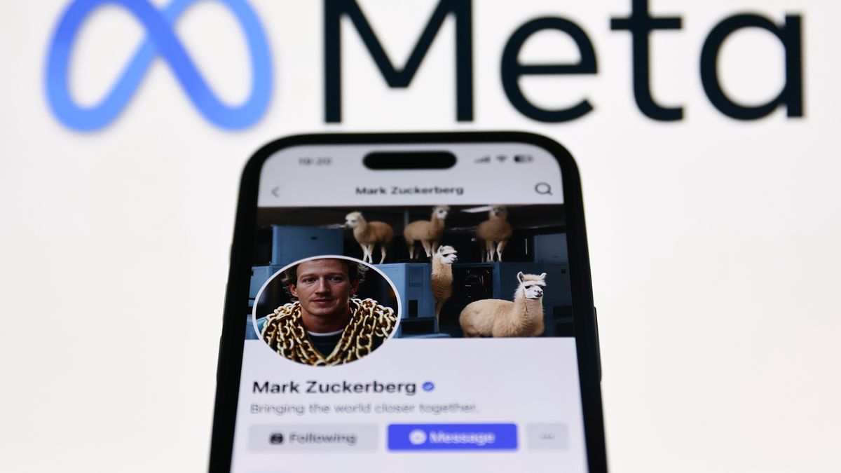 Meta logo displayed on a laptop screen and Mark Zuckerberg account on Facebook displayed on a phone screen are seen in this illustration photo taken in Krakow, Poland on August 27, 2024. (Photo by Jakub Porzycki/NurPhoto via Getty Images)