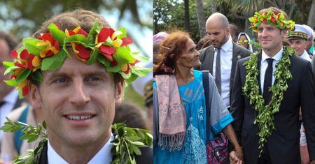 Emmanuel Macron w wianku na głowie i girlandzie z kwiatów paraduje po Nowej Kaledonii (ZDJĘCIA)