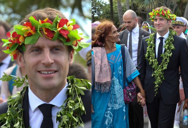 Emmanuel Macron w wianku na głowie i girlandzie z kwiatów paraduje po Nowej Kaledonii (ZDJĘCIA)
