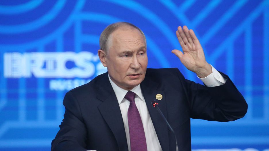 KAZAN, RUSSIA - OCTOBER 24:  (RUSSIA OUT) Russian President Vladimir Putin gestures during his press conference at the BRICS Leader's Summit on October 24, 2024 in Kazan, Tatarstan Republic, Russia. Putin and representatives of 30 countries have gathered in Kazan for the 16th BRICS Summit, taking place from October 22-24.  (Photo by Contributor/Getty Images)