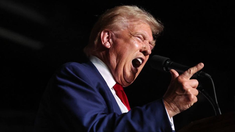 Former U.S. President and Republican presidential candidate Donald Trump shouts "you're fired" while speaking during a campaign rally at The Expo at World Market Center on Friday, Sept. 13, 2024, in Las Vegas. (Ellen Schmidt/Las Vegas Review-Journal/Tribune News Service via Getty Images)