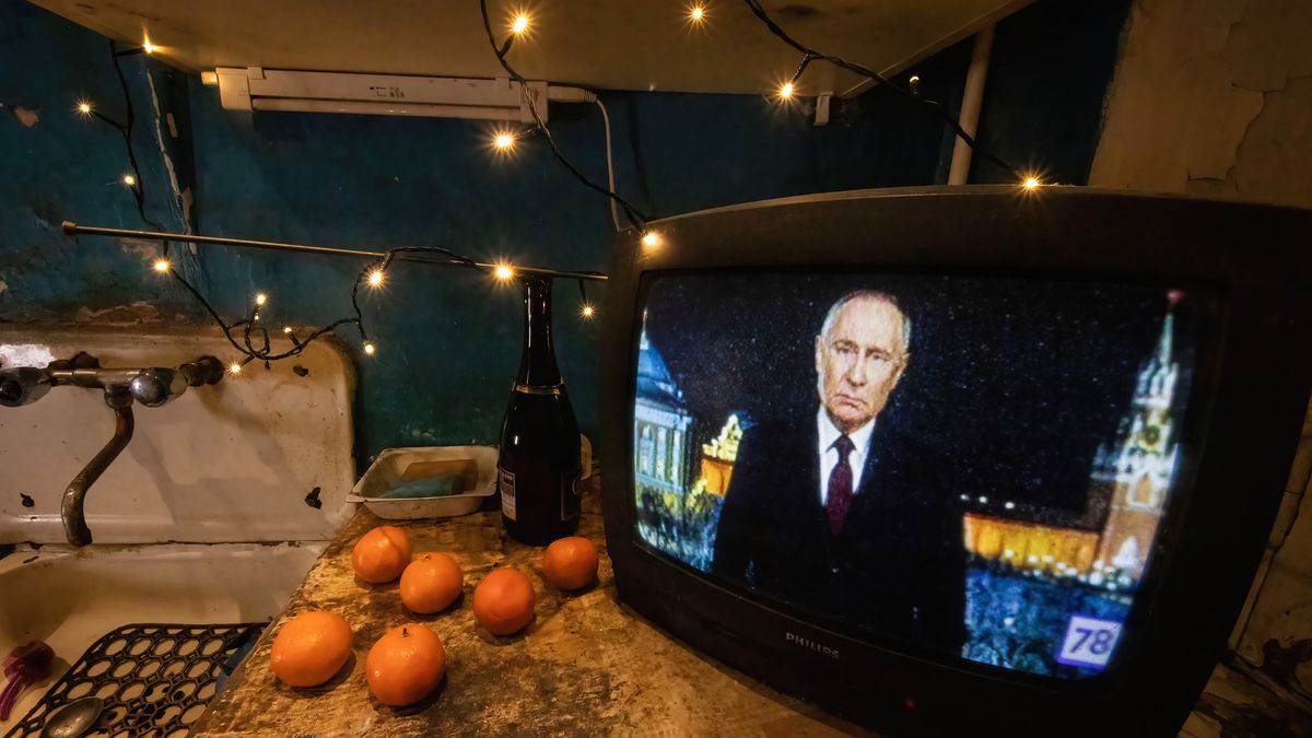 ST  PETERSBURG, RUSSIA - 2023/12/31: Russian President Vladimir Putin is seen on television delivering his New Year's address to the Russian populace on the eve of 2024. (Photo by Artem Priakhin/SOPA Images/LightRocket via Getty Images)