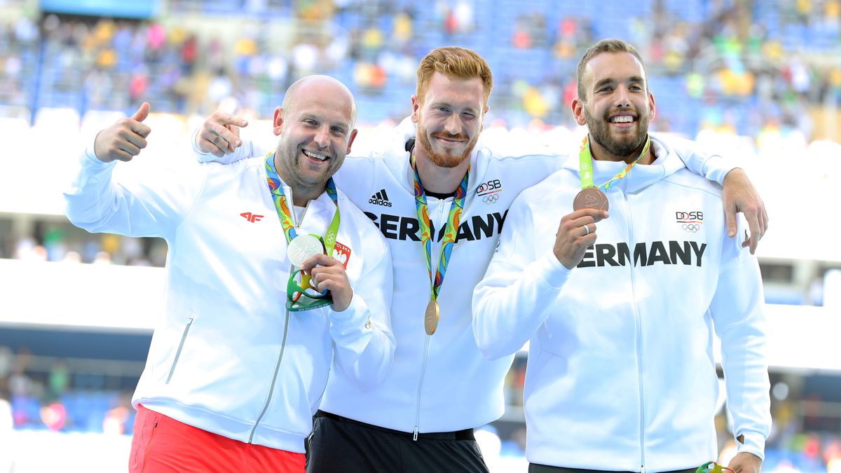 WP SportoweFakty / Łukasz Trzeszczkowski / Rio2016 podium konkursu rzutu dyskiem mężczyzn