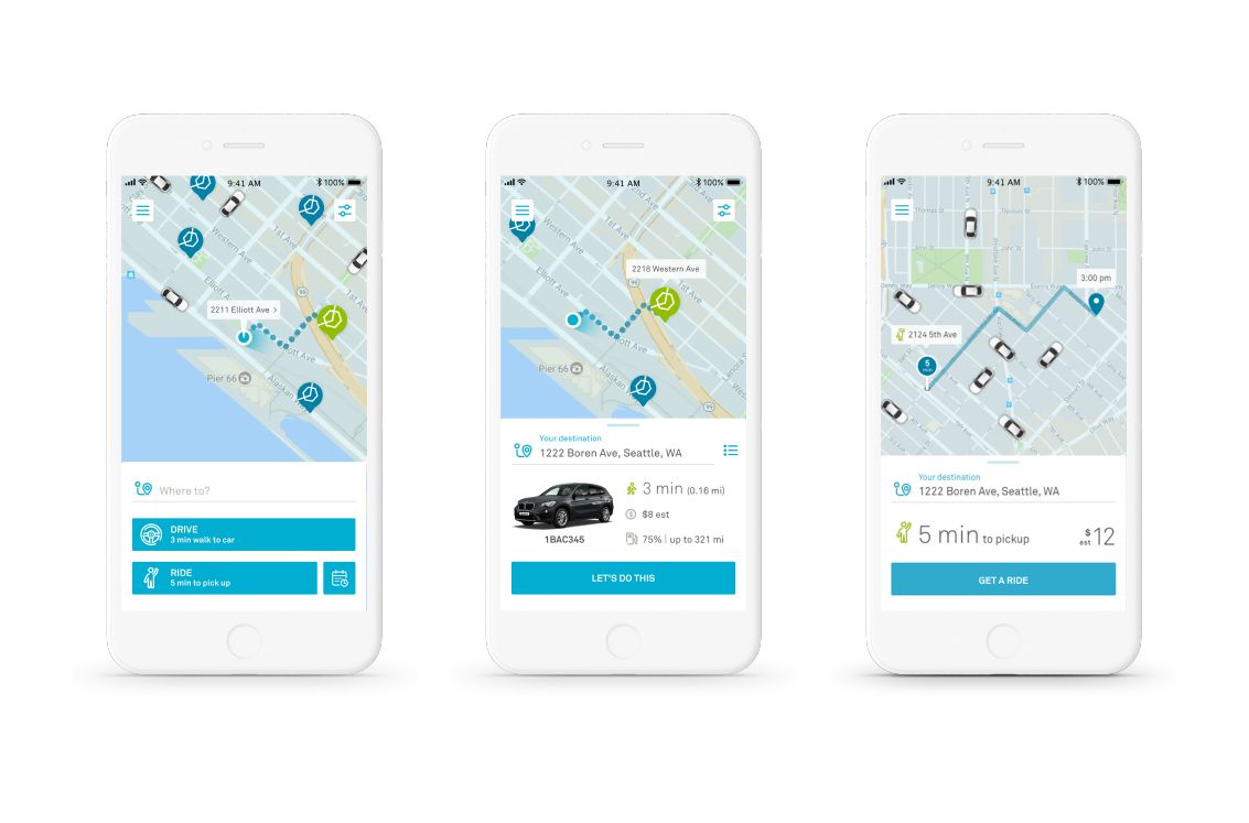 Planowanie podróży z aplikacją ReachNow, źródło: TechCrunch.